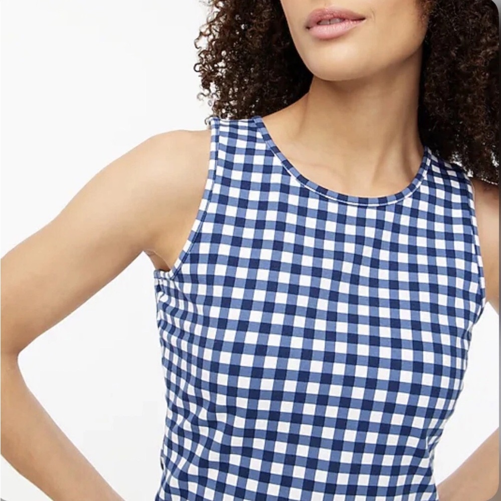 J. Crew Longline Tank Top Blue White Gingham Sleeveless Stretchy Size M